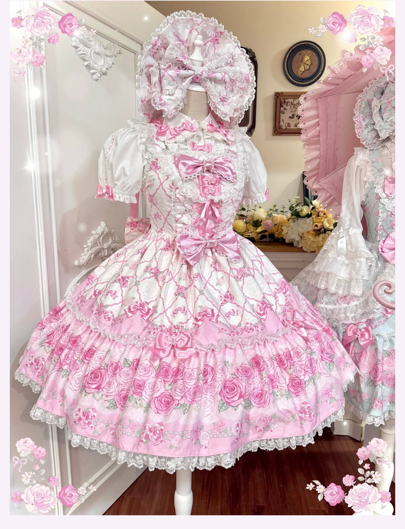 Summer 2026 - Old School Lolita Floral Printed JSK Dress with Ribbon Bows JSK Only - White S