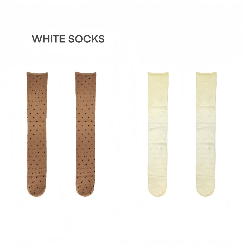 Brown and white polka-dot over-the-knee stockings displayed in pairs on a white background.