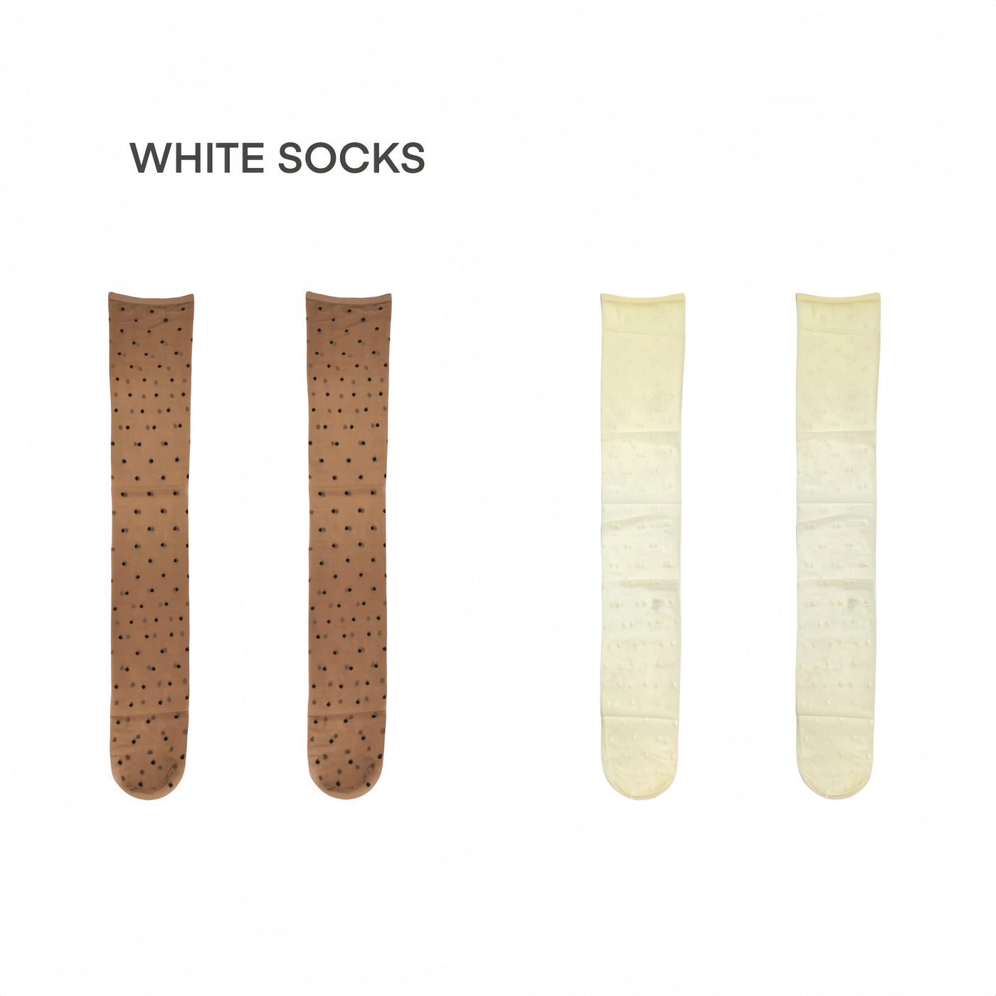 Brown and white polka-dot over-the-knee stockings displayed in pairs on a white background.