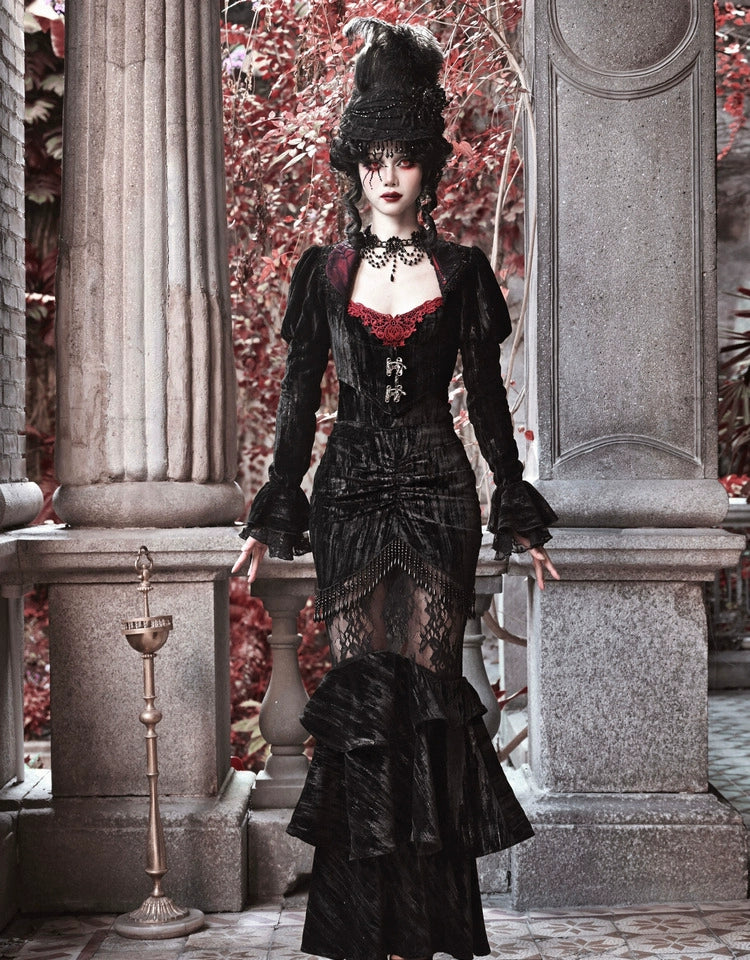BLOOD SUPPLY - Duchess - Gothic Lolita Velvet Mermaid Skirt with Layered Frills - product detail 6