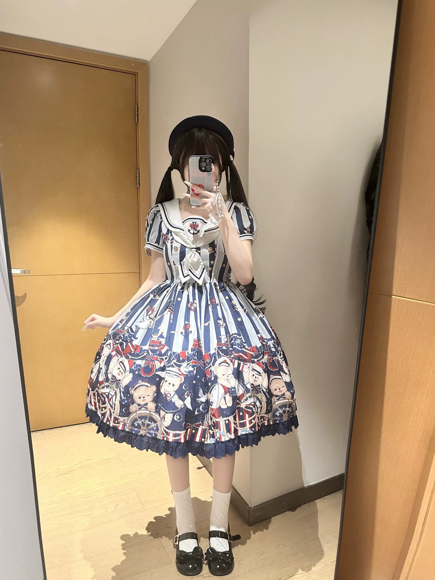 Alice - Navy Bear - OP one-piece dress with sailor collar and teddy bear print