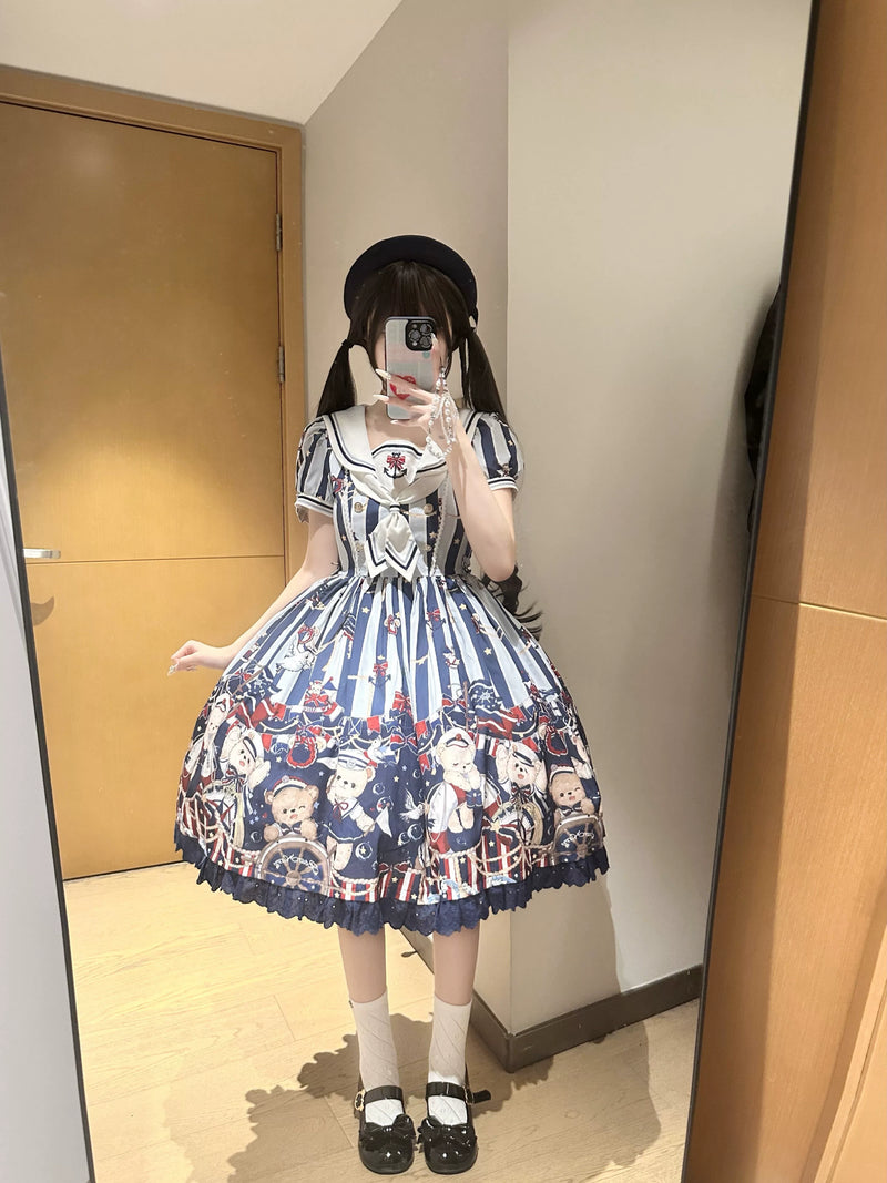 Alice - Navy Bear - OP one-piece dress with sailor collar and teddy bear print