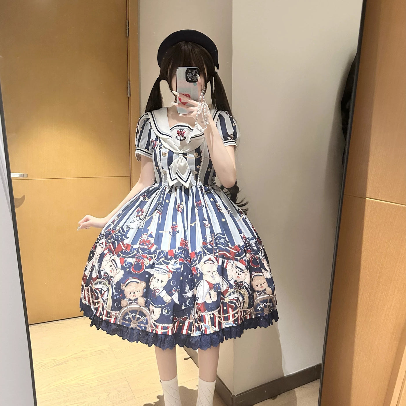 Alice - Navy Bear - OP one-piece dress with sailor collar and teddy bear print