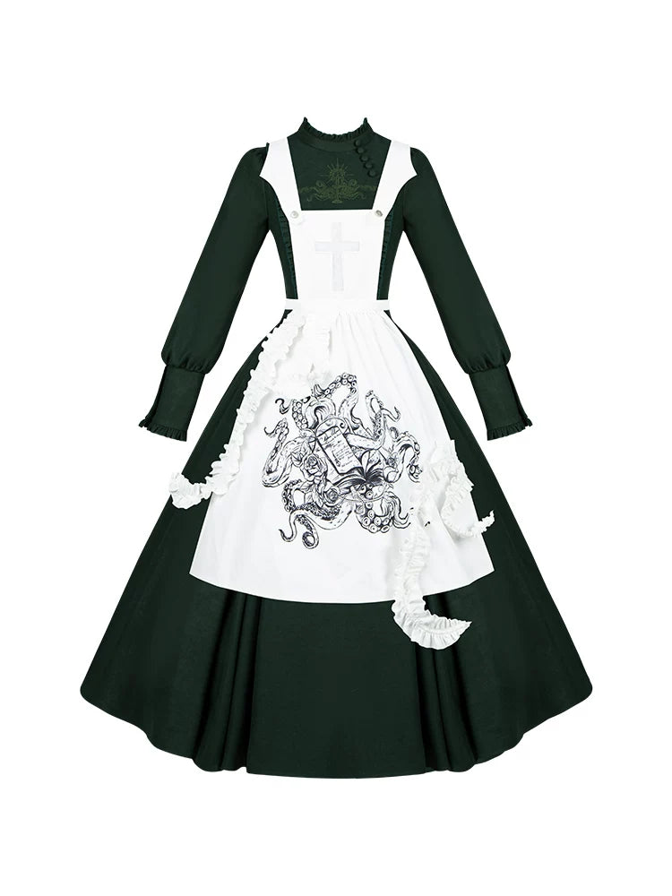 With PUJI - Abyss Clinic - Gothic Lolita Green Dress Set, Embroidery Accent detail view 5