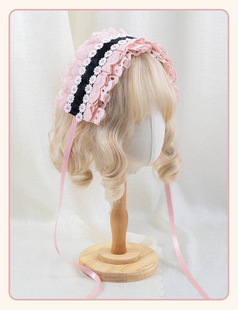 Stardust Rose - Sweet-Cool Polka Dot - Black or Pink Headbands and Flat Caps with Lace Bows