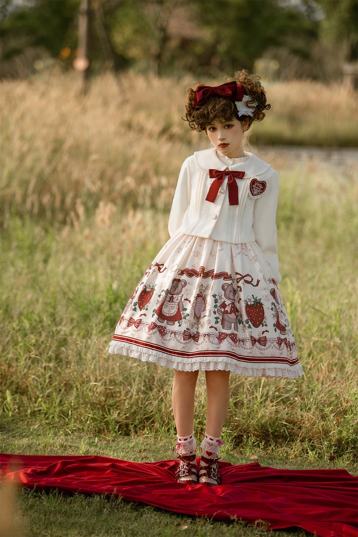 Designer's Gift - Christmas New Year Winter - White Coat and JSK Dress with Red Bow - product detail 10