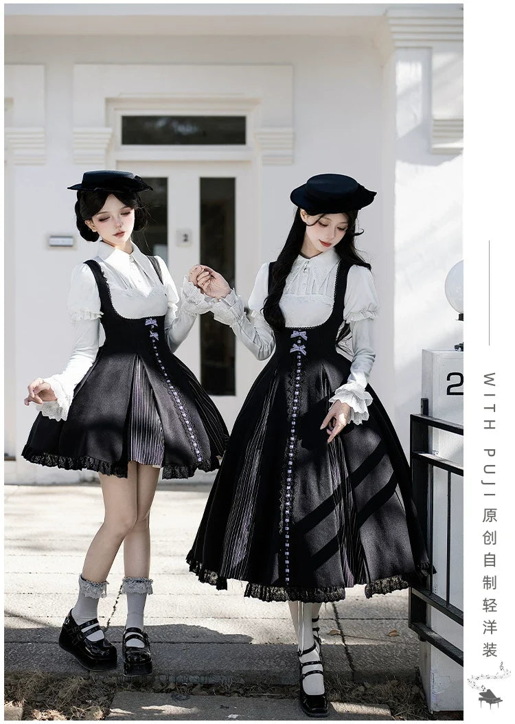 With PUJI - Monochrome Sonata - Classic Lolita Bust-supporting JSK Set, Piano Inspired