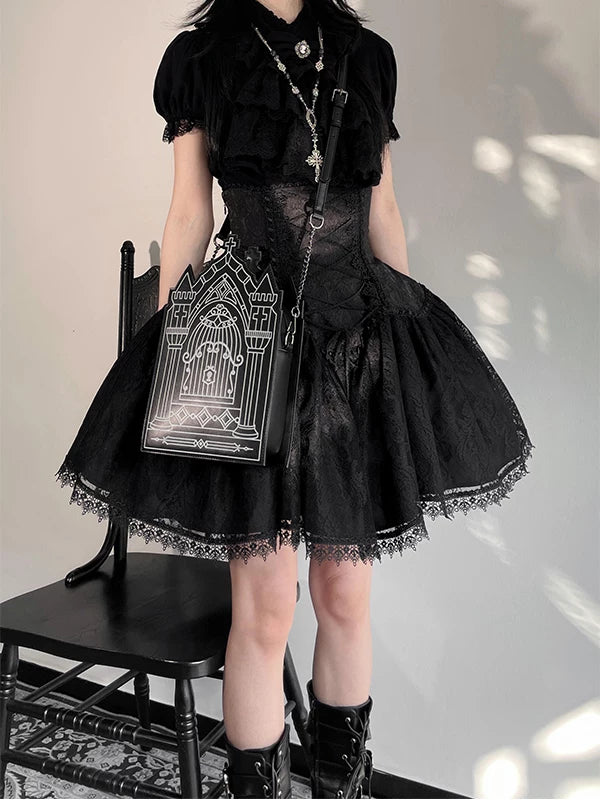 Black Gothic Lolita shirt and short skirt set with drool bib