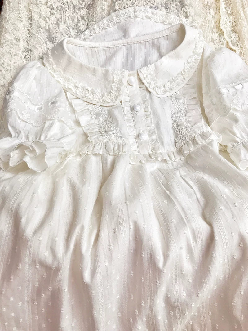 Yilia - Jacquard Sweetheart - Peter Pan Collar Puff Sleeve Blouse