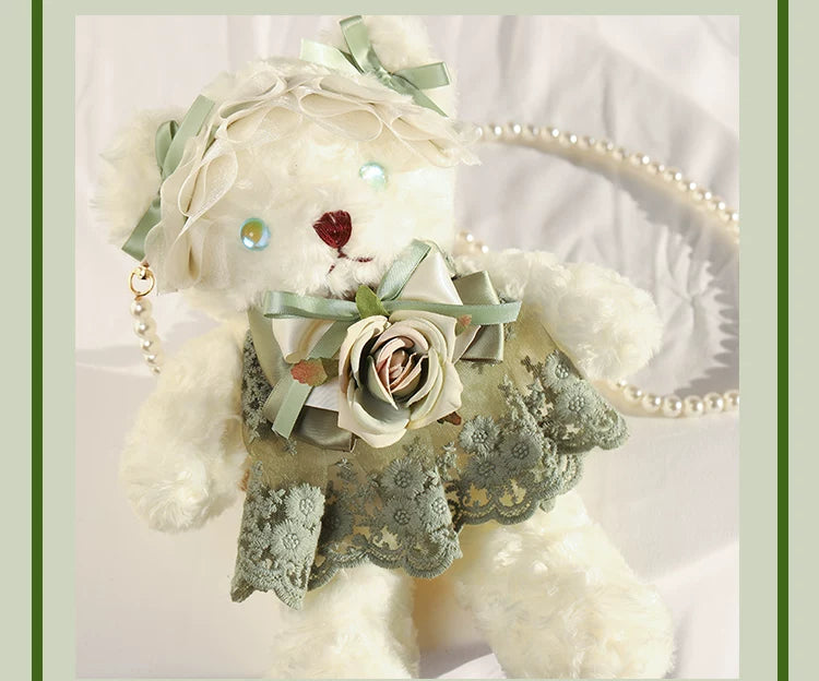 Her Vintage Society young-grass green bear bag with rose, bow, lace and plush details