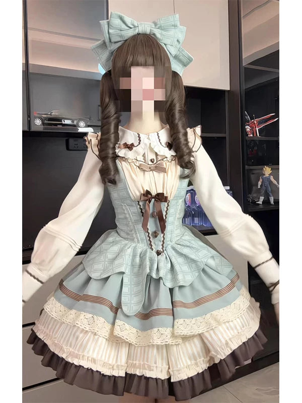Mint Chocolate JSK set with a long-sleeve shirt, waist bow and KC headpiece worn on a model.