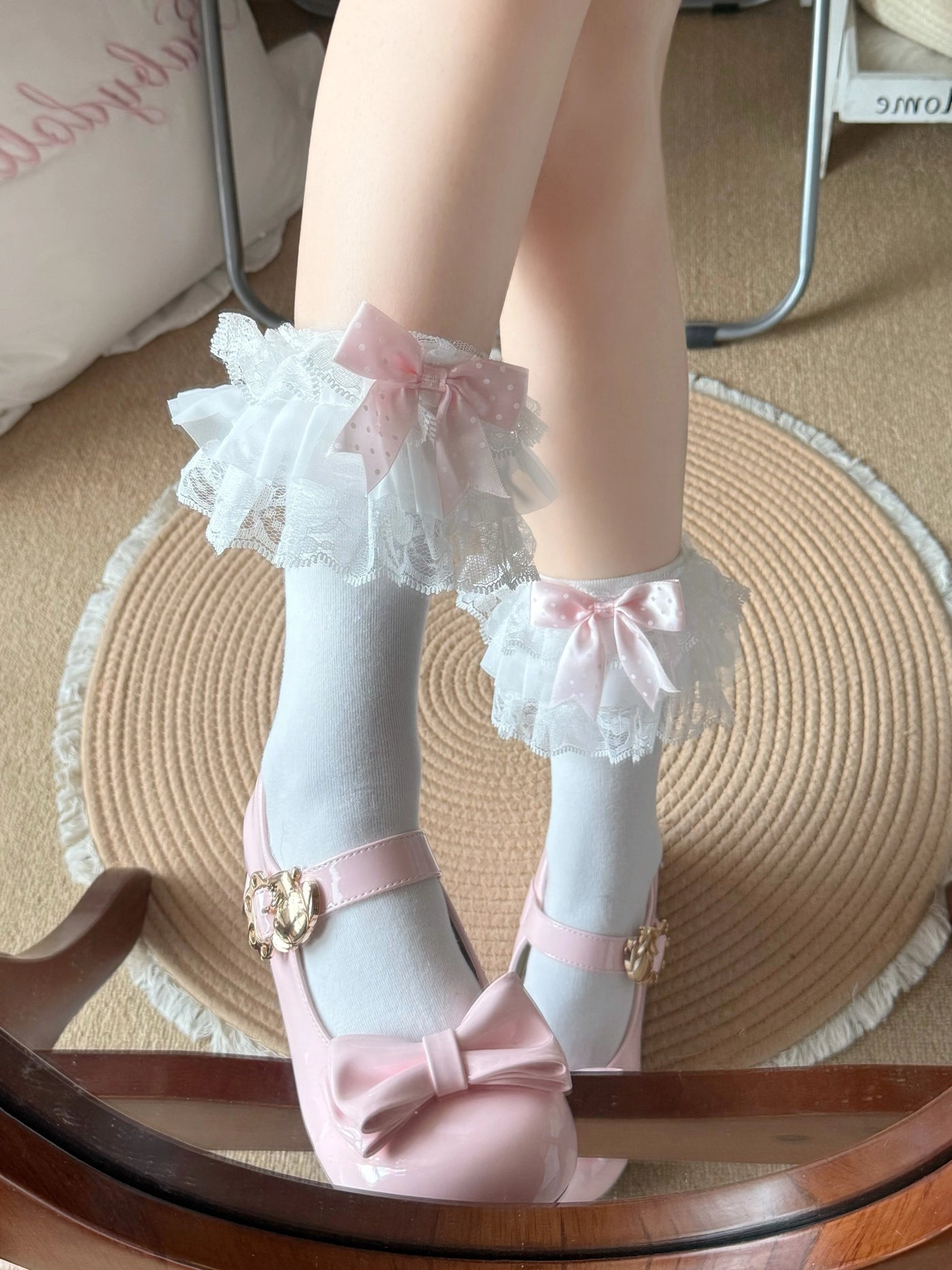 Fantasy Doll - Polka-Dot Ribbon Lace - Mid-Calf Socks with Lace Trim and Bow