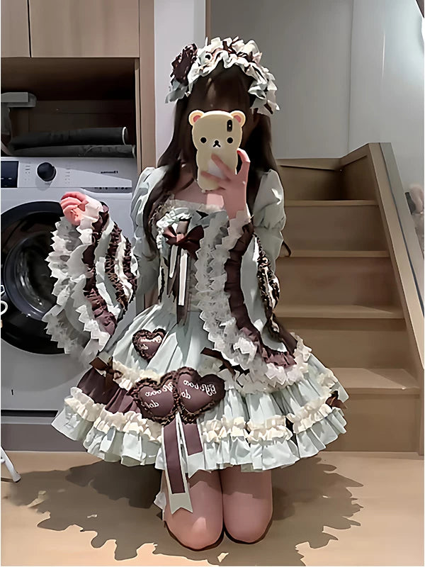 Mint-and-chocolate JSK dress with hime-sleeve shrug and headpiece in mirror styling.