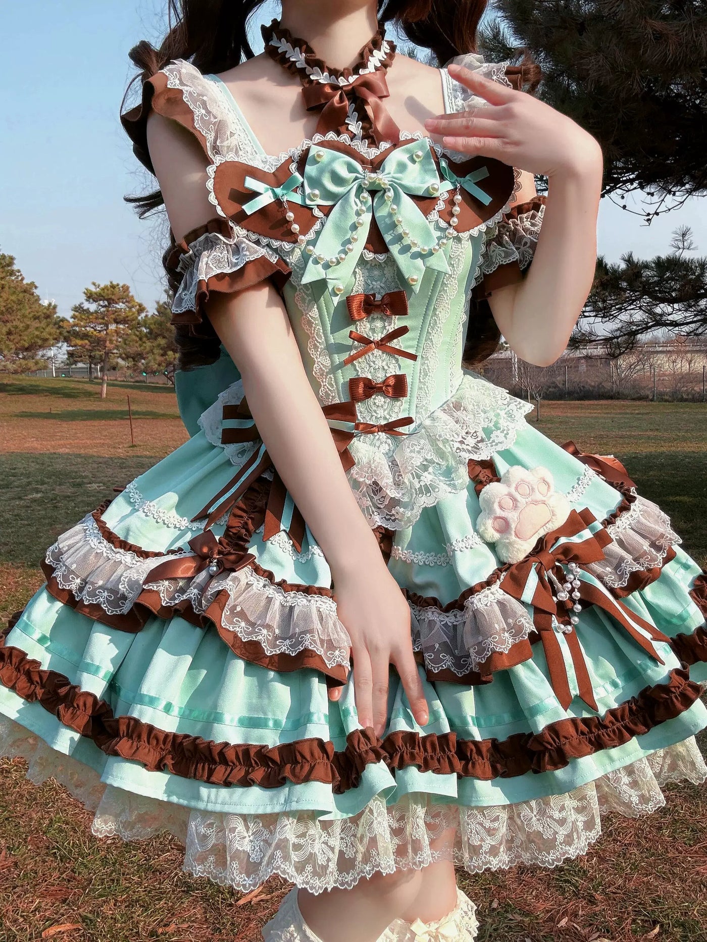 Creamy - Mint Chocolate - Mint JSK Set with Brown Bows and Lace Trim