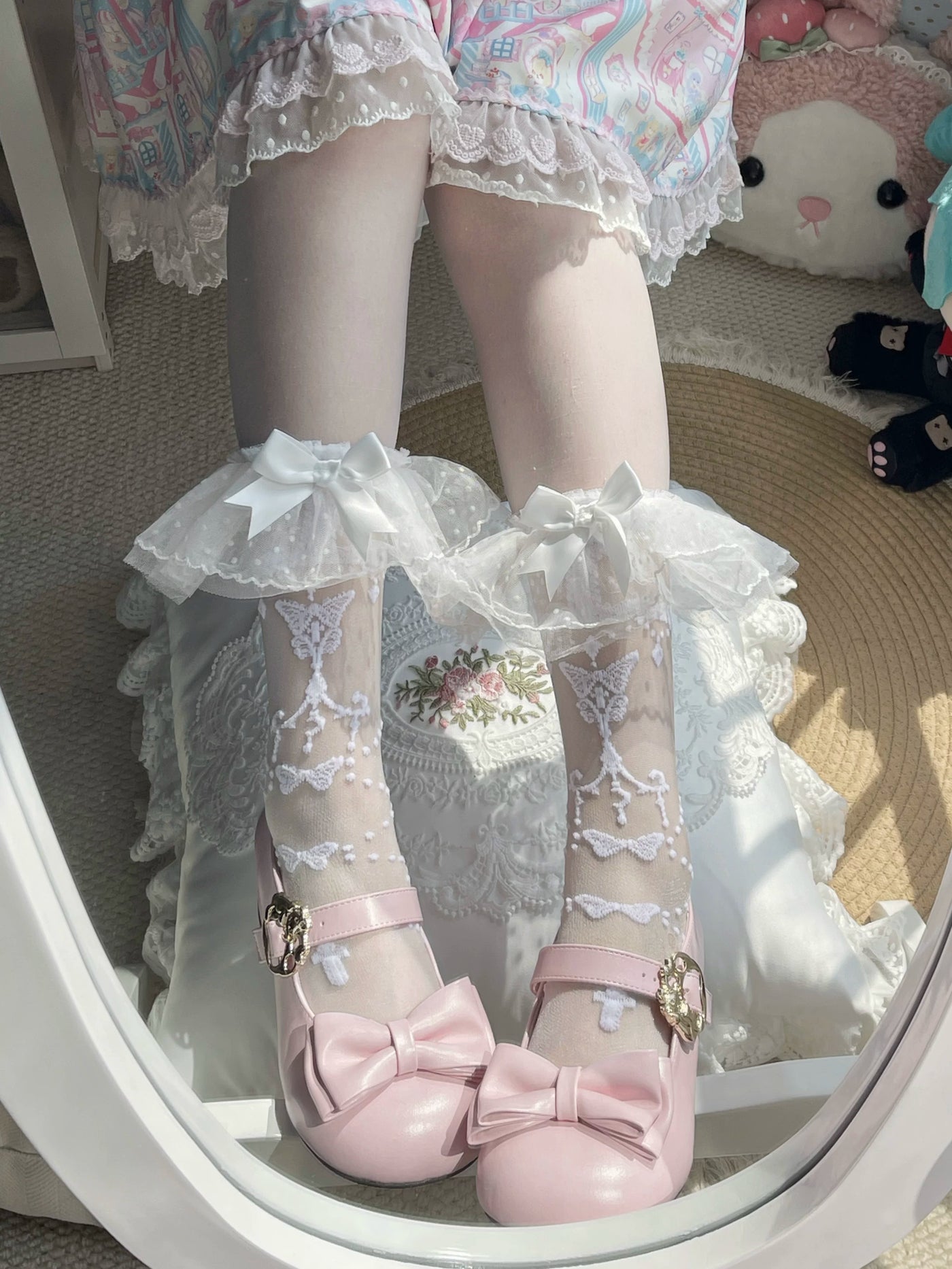 Fantasy Doll - Butterfly Prayer - Sheer Mid-Calf Socks with Layered Lace Cuffs