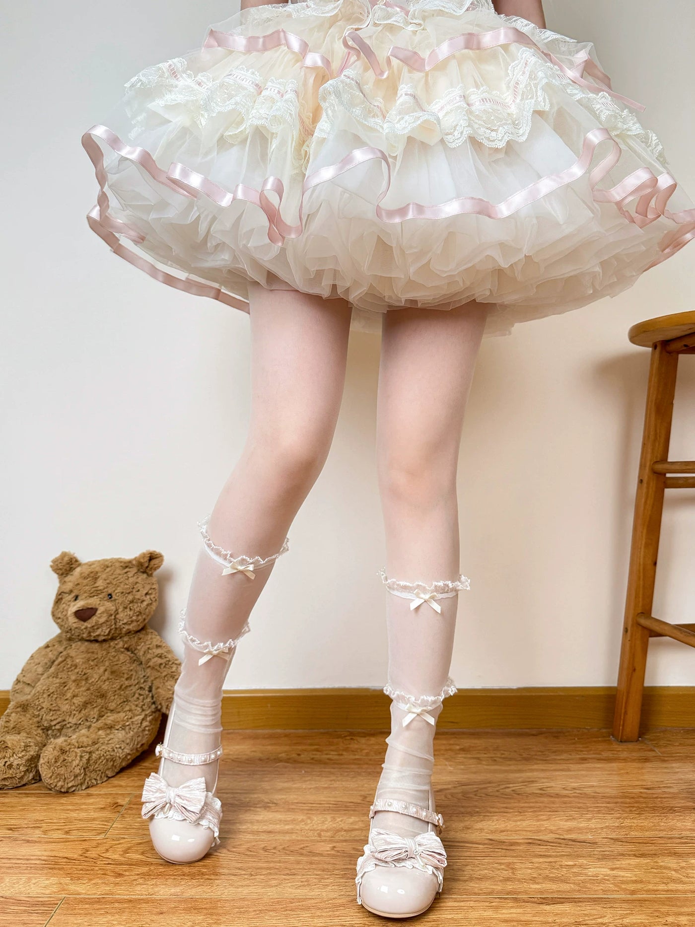 Chubby Bear Tales - Ballet Mesh Bow - Sheer Mesh Mid-Calf Socks with Ruffle Trim