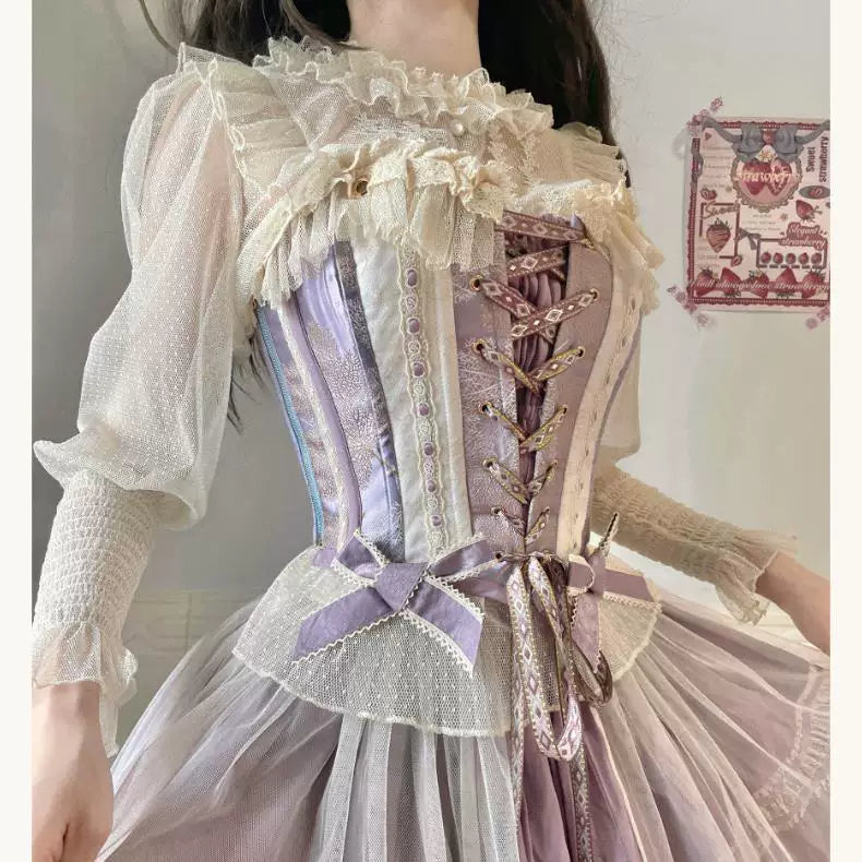 Sweetheart Dream Machine - Vintage Lace Mesh - Ruffle-Front Long-Sleeve Blouse