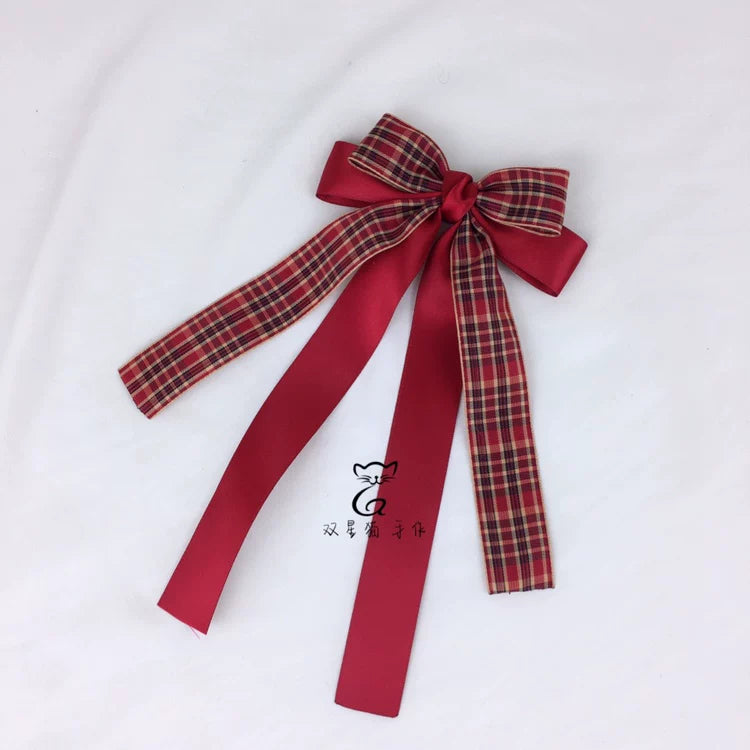 Little Red Riding Hood Burgundy Plaid Ear Headband & Clips — Bow Ribbon Side Hair Clip