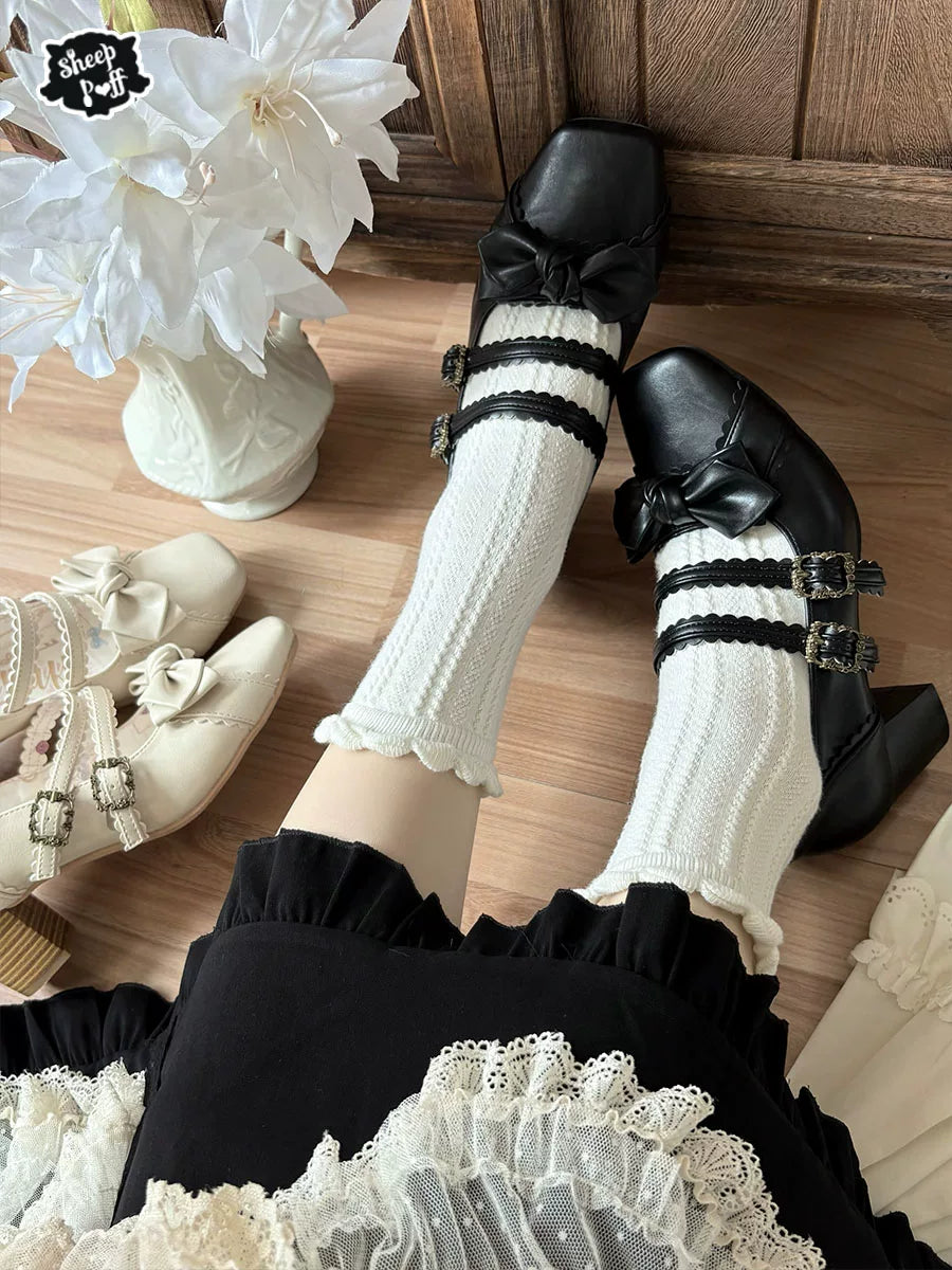 Sheep Puff Sheep Puff Squared Bow 2.0 Mid Heel Lolita Shoes with decorative bows and classic design, perfect for fashionable outfits.
