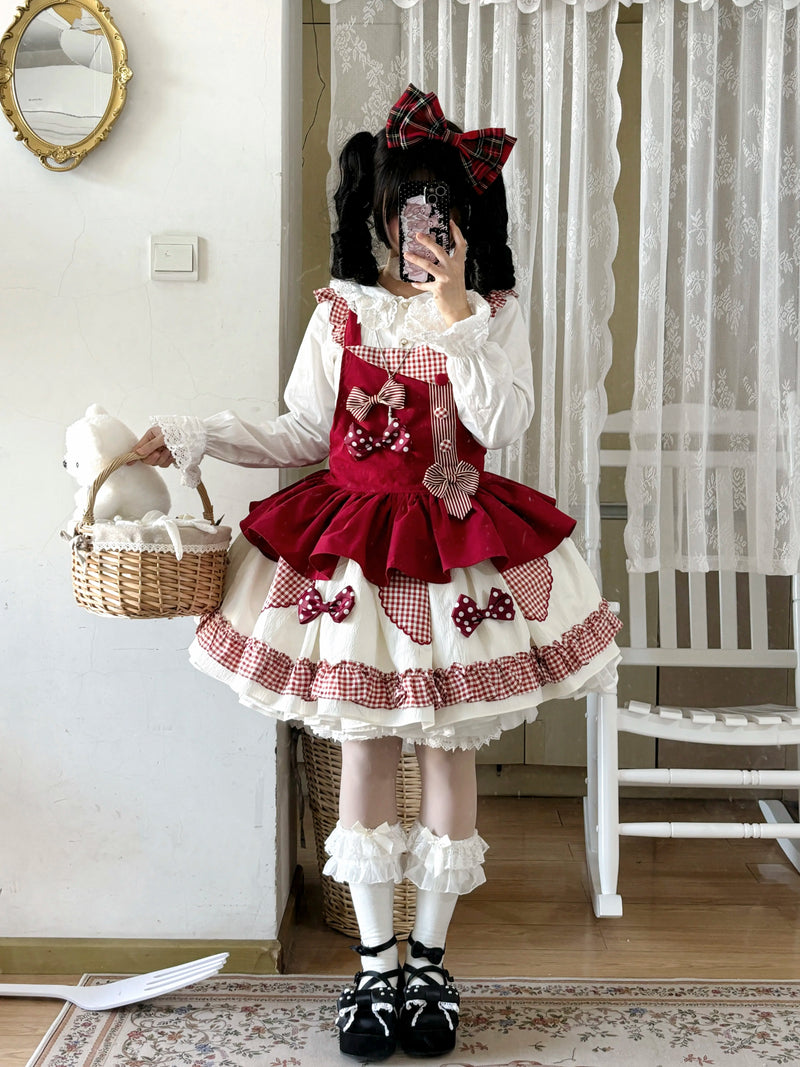 White Tea Story - Sweet Lolita - Tiered gingham check skirt with bow
