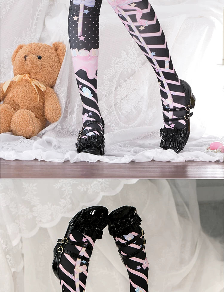 roji roji - Holy Scepter - Printed Velvet Over-the-Knee Socks with Bow and Star Motifs