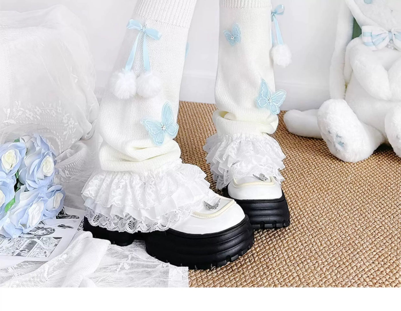 Floral Milk Cat - Butterfly Pom-Pom - Knit Leg Warmers with Lace Ruffles