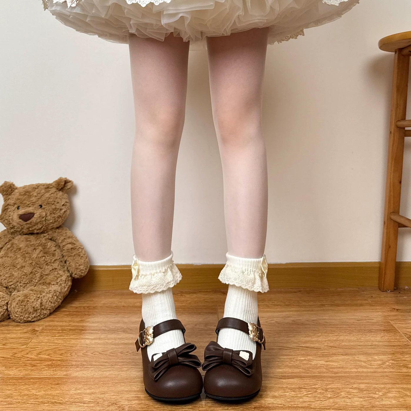 Chubby Bear Tales - Antique Doll Socks - Ribbed Mid-Calf Socks with Folded Lace Edges