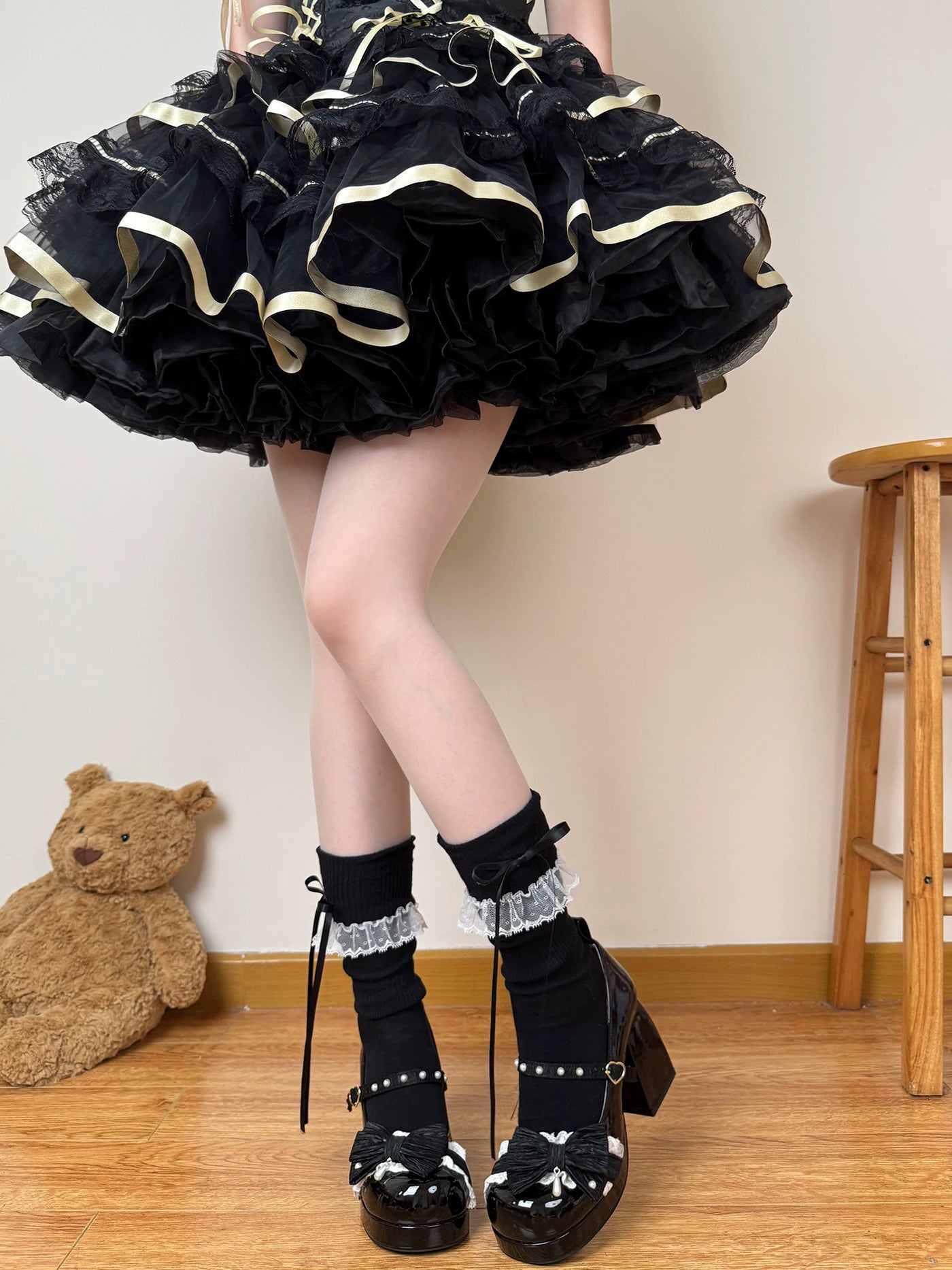 Chubby Bear Tales - Cream Ballet - Lightweight Calf Scrunch Socks with Lace Cuffs