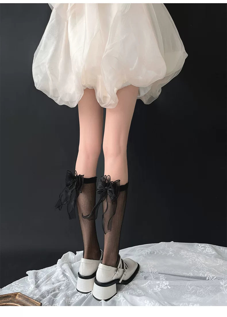 Sock Noble - Crystal Bow - Sheer Mid-Calf Slouch Socks with Bow Detail