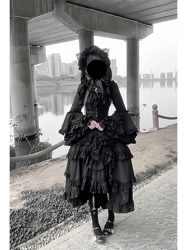 Creamy - Gothic Ruffle Set - Black Princess-Sleeve Blouse and Skirt Set with Layered Ruffles