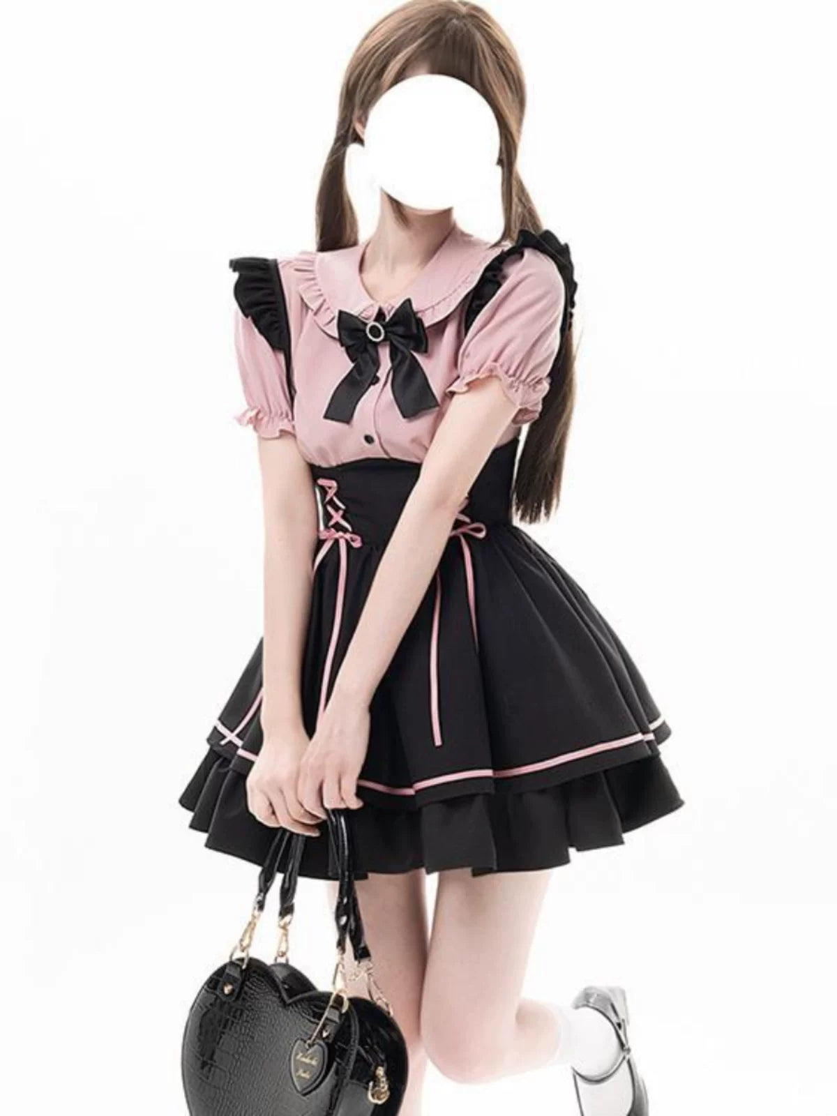 Sweetheart Dream Machine - Pink Ribbon Pinafore - Black Pinafore Dress Set with Pink Lace-Up Ribbons