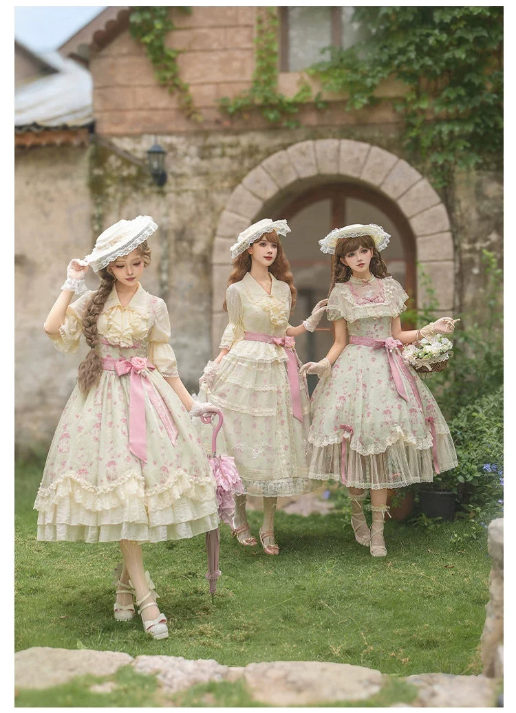 With PUJI - Wind Swept Roses - Classic Lolita Rose Printed Dress Set, Petal Hem