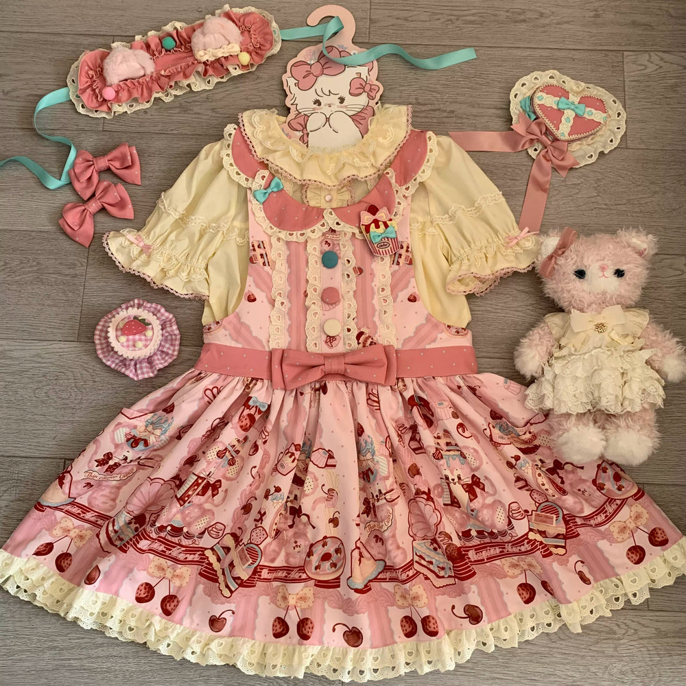 Pink printed JSK with cherry and dessert motifs arranged with bows and coordinate accessories.