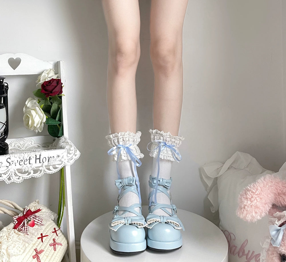 Fantasy Doll black-base mid-calf socks with lace cuffs and black ribbon bows