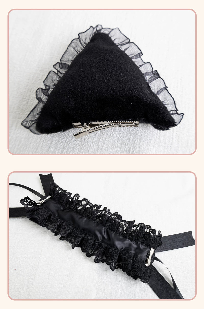 Stardust Rose - A035 Black Lace - Black Lace Headwear and Hand Sleeves with Ribbon Bows