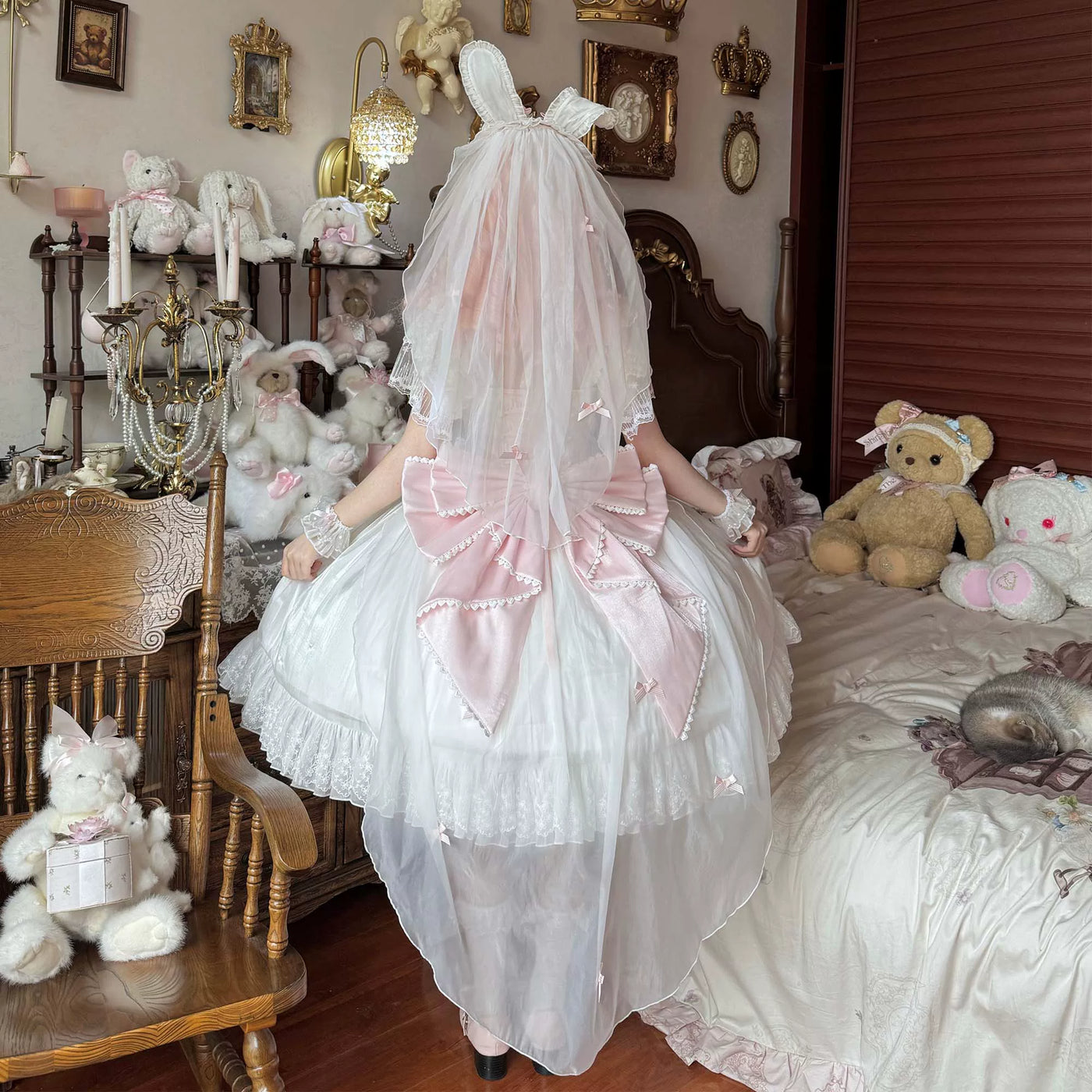 Moon Lily - Love Snow - White-and-Pink or Pure-White JSK with Layered Lace and Bows