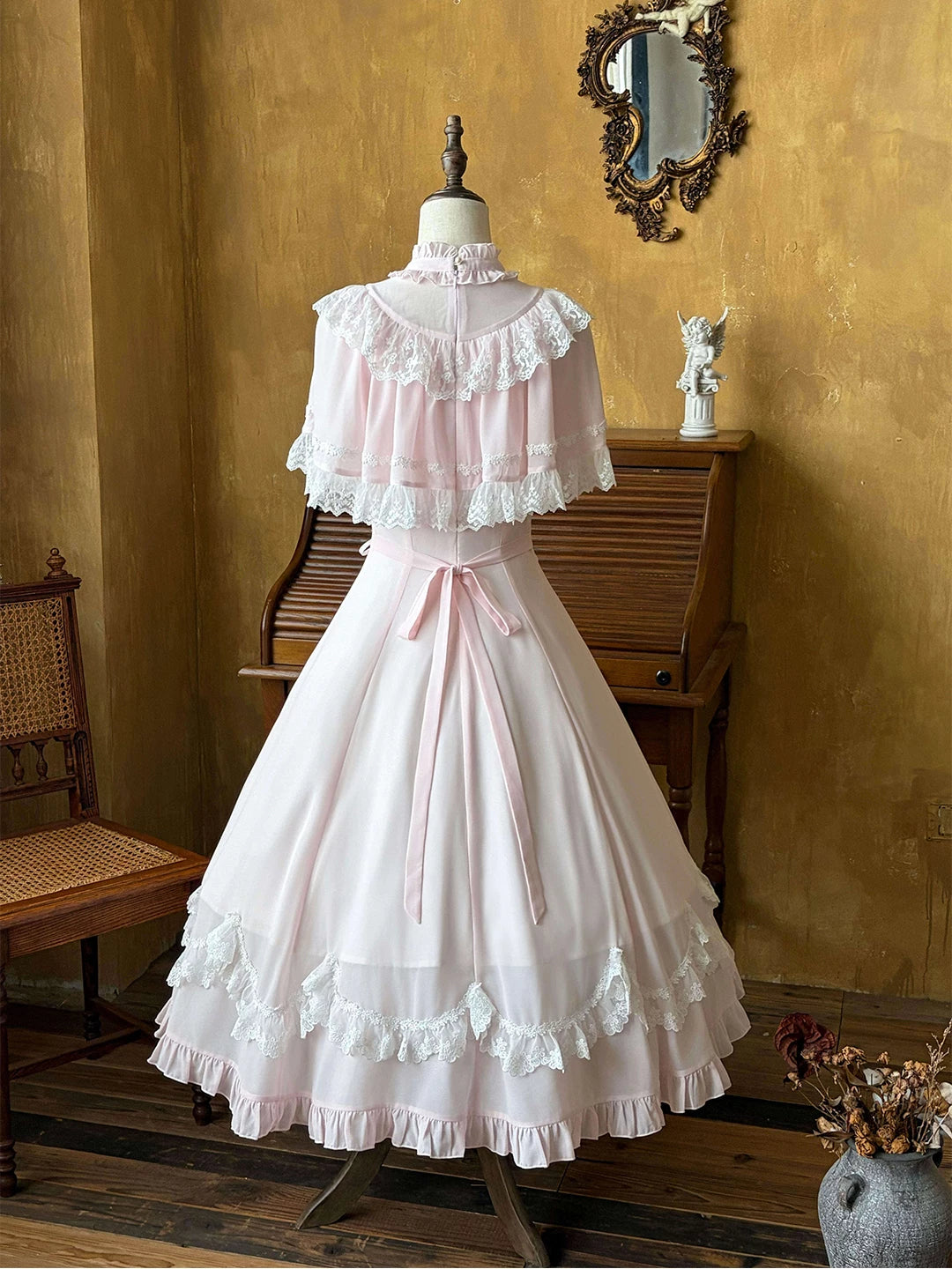 Creamy - Pink Lace Princess - Dress with lace-trimmed cape and waist ties