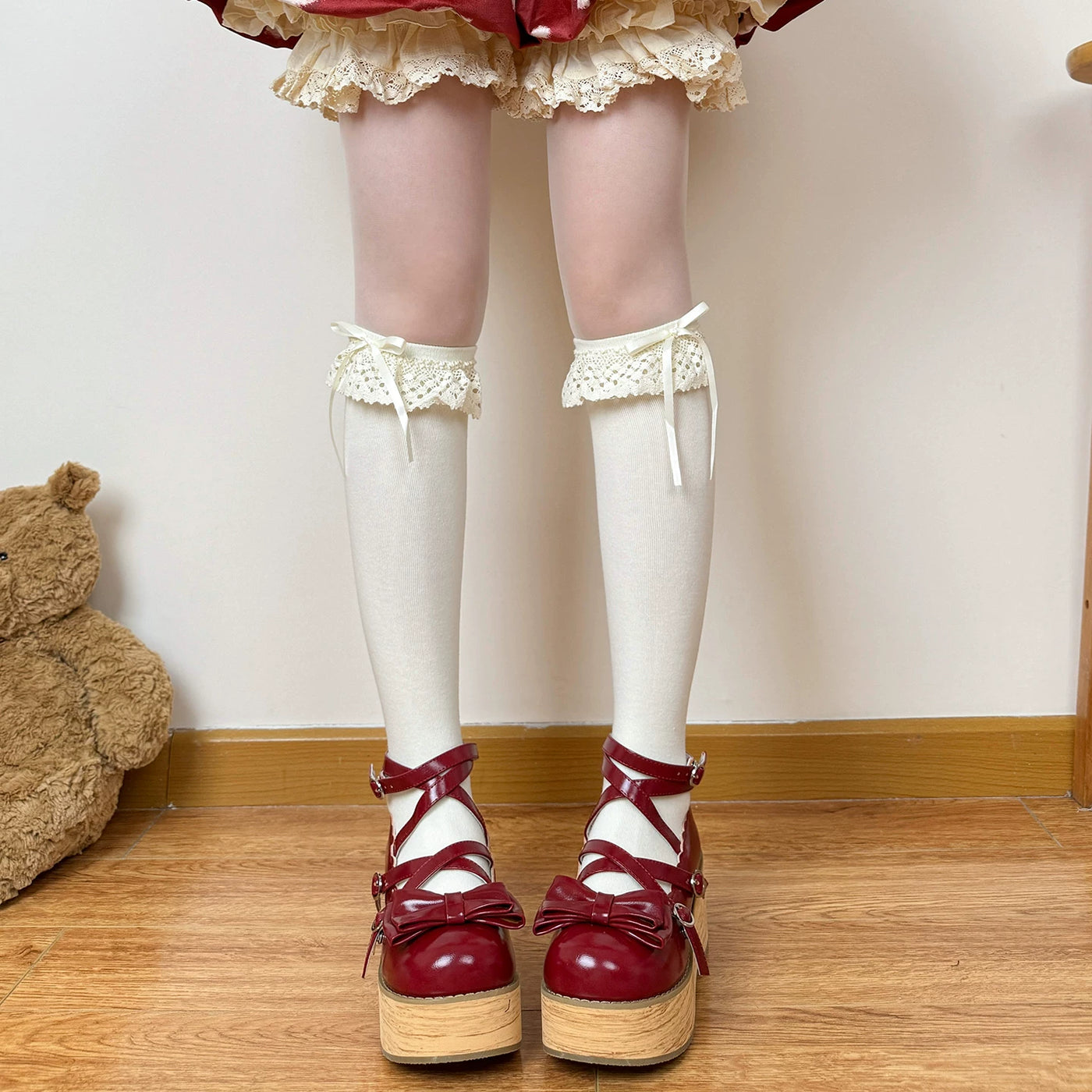 Chubby Bear Tales - Mushroom Doll - Beige Lace Socks in Mid-Short, Calf and Over-the-Knee Lengths
