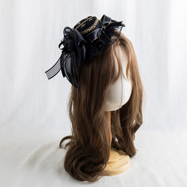Black-and-gold Lolita dress hat and headband with lace, bows and gold trim