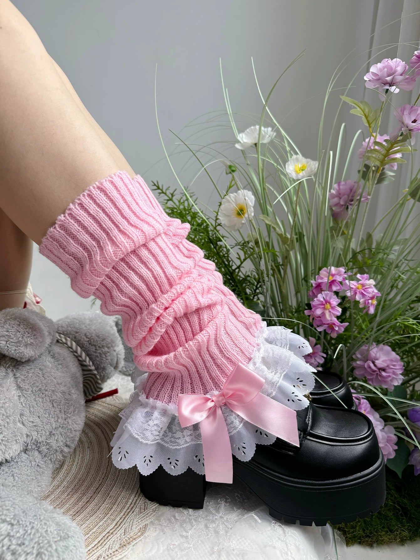 Fantasy Doll - Ruffled Bow - Calf Leg Warmers with Lace Trim and Bows