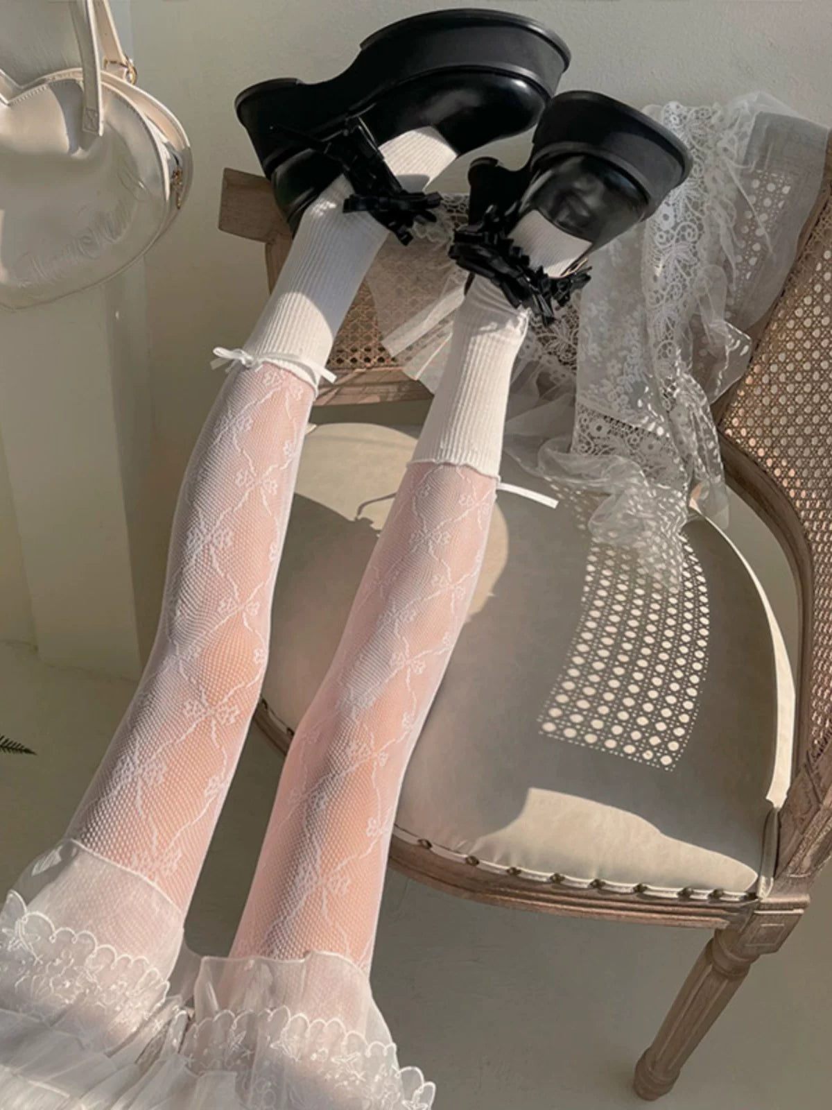 Sock Noble - Bow Lace - White or Black Lace-Panel Tights