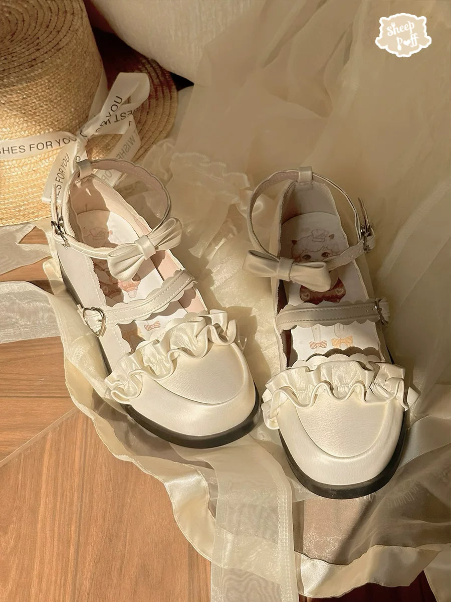 Sheep Puff Melulu Satin Lolita shoes featuring a soft satin finish and adorable design, perfect for elegant Lolita fashion.