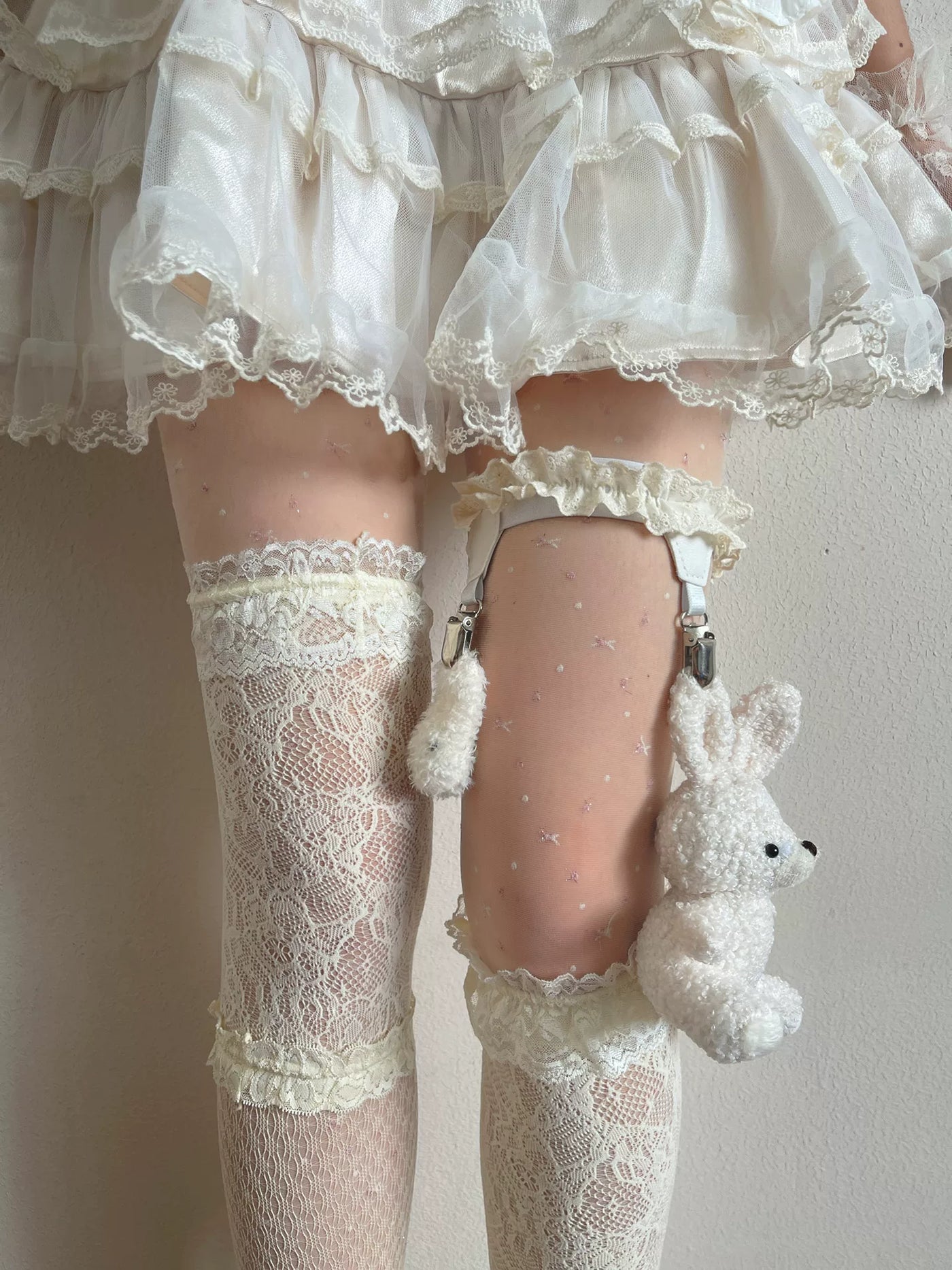 Sock Noble - Big-Eared Rabbit - Beige Tights and Lace Stockings with Rabbit Leg Ring