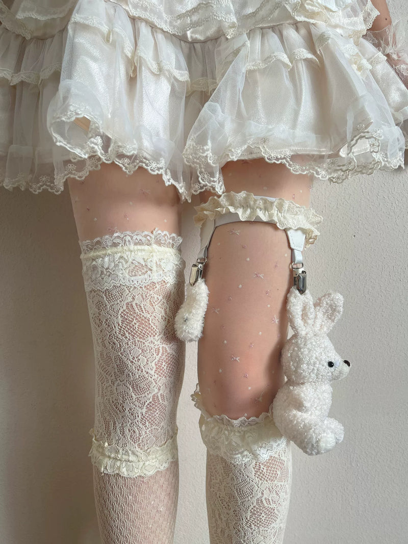 Sock Noble - Big-Eared Rabbit - Beige Tights and Lace Stockings with Rabbit Leg Ring