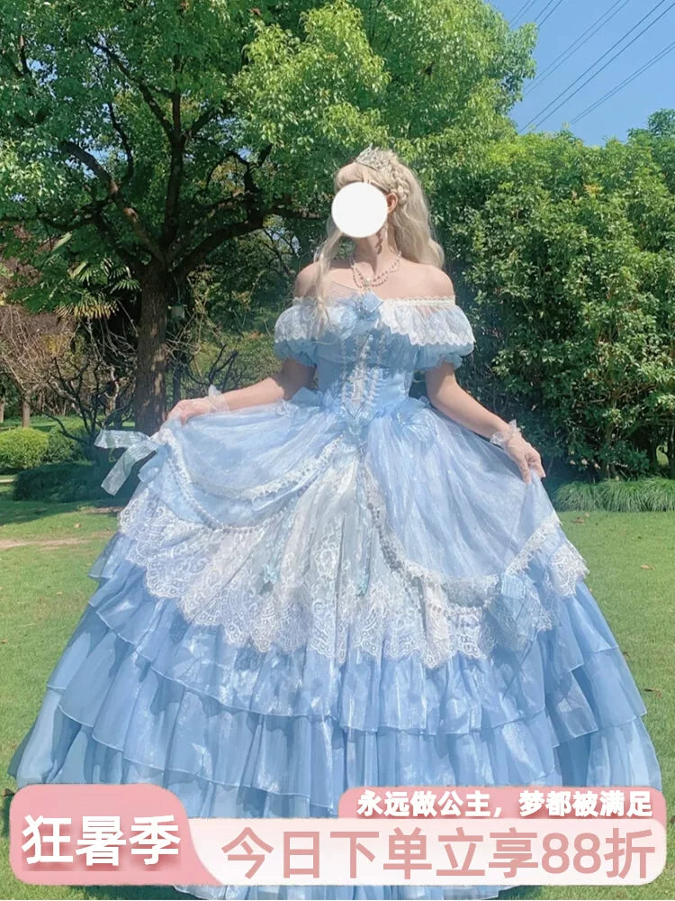 Flora Muse blue lolita evening gown with off-the-shoulder lace trim and tiered skirt