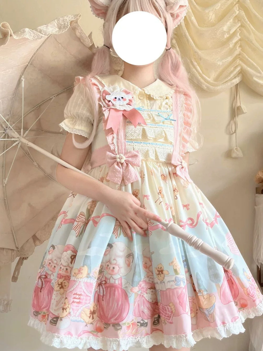 Cat Upon Cat - Sheep Waltz - Printed JSK with a Lace-Trimmed Hem