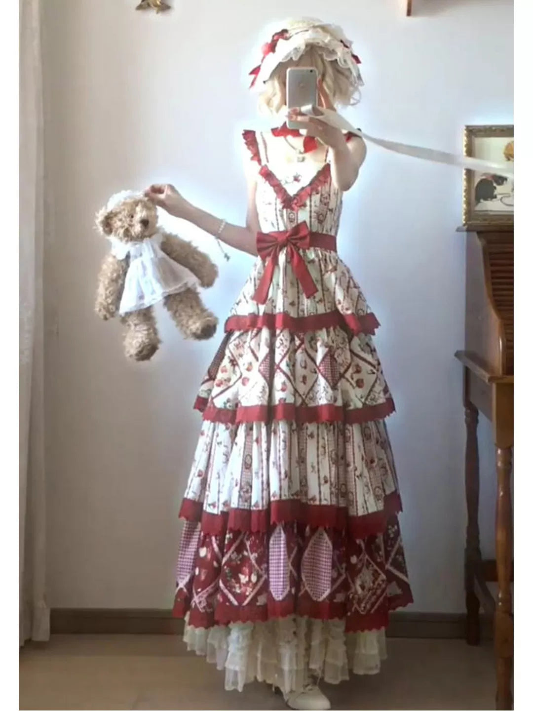 Creamy - Red Garden Print - Long JSK dress with red ruffle trim