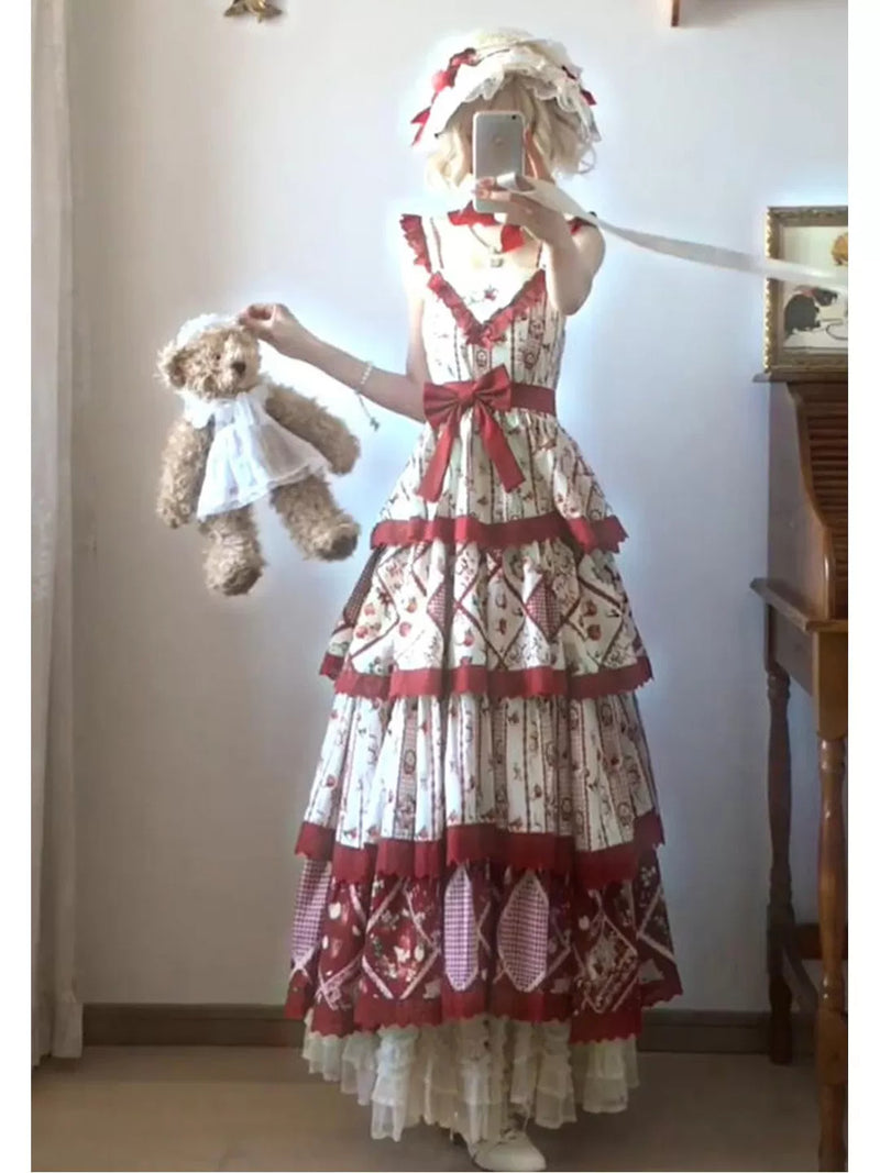 Creamy - Red Garden Print - Long JSK dress with red ruffle trim