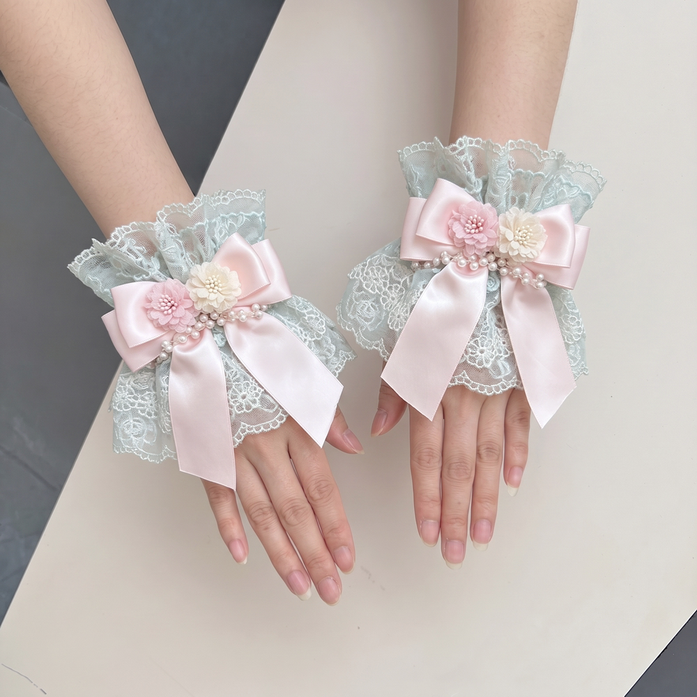 Independent Brand - Mint Flower Bows - Pair of arm sleeves with lace and satin bows