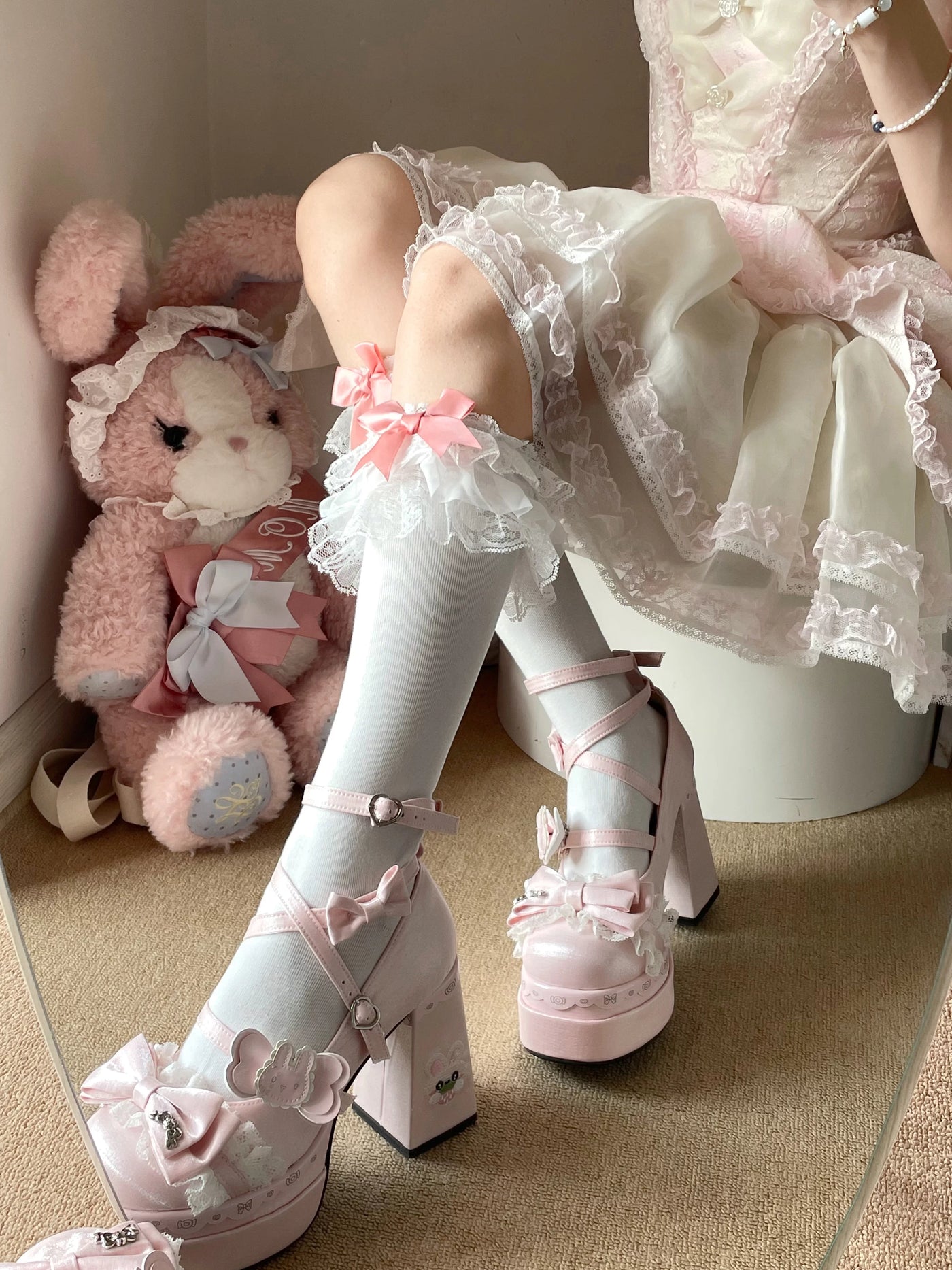Fantasy Doll - Lace Bow - Pure Cotton Calf Socks with Layered Lace Cuffs